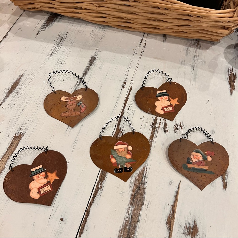Vintage Crazy Mountain Henton Rusty Heart-Shaped Holiday Ornaments Set of 5